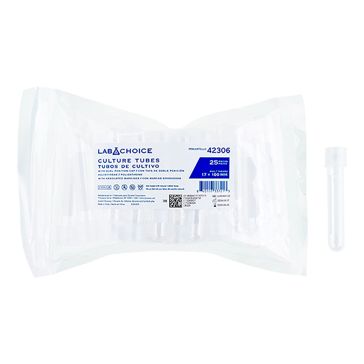LabChoice Culture Tube with Dual Position Cap & Graduation, 17 x 100mm, 15 ml Cap.