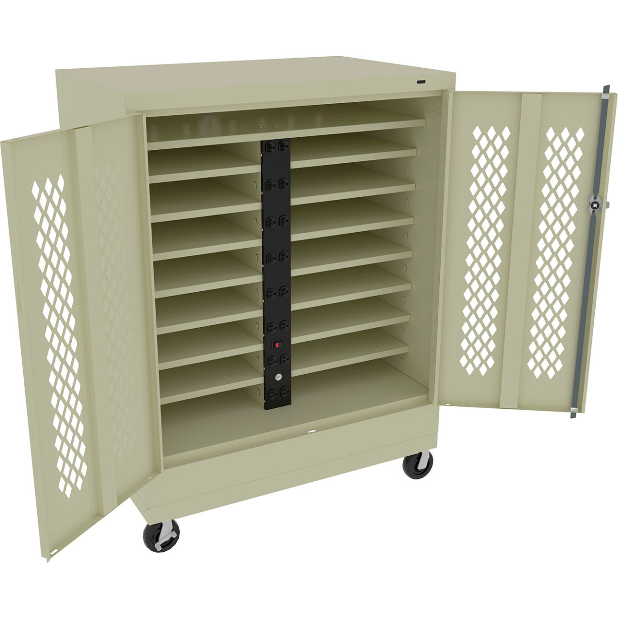 Mobile Laptop Charging Station For 16 Devices, 36"W x 24"D x 48-3/4"H, Champagne/Putty