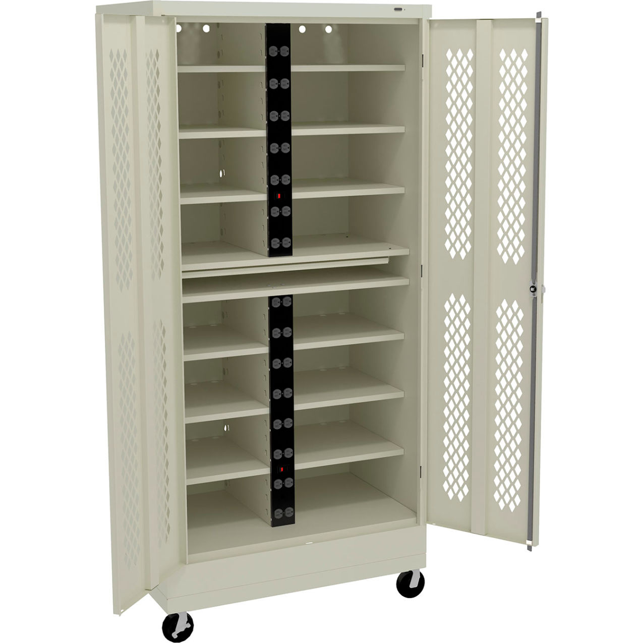 Mobile Laptop Charging Station For 30 Devices, 36"W x 24"D x 78-3/4"H, Champagne/Putty
