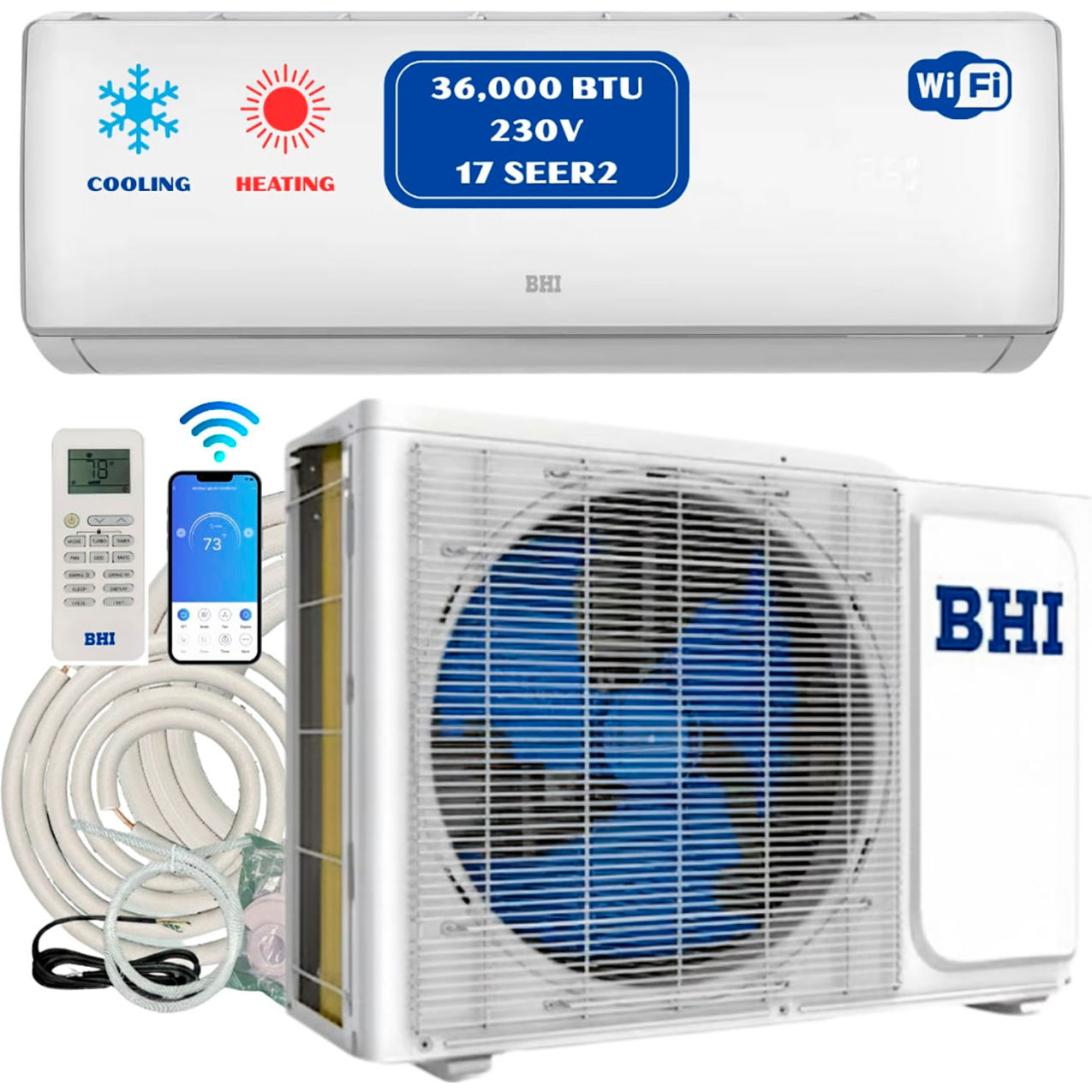 Ductless Mini Split AC w/ Heat Pump & Wi-Fi Control, 36K BTU, 17 SEER2, 230V, 16' Lineset