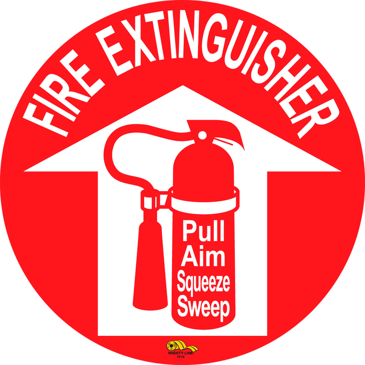 16" Round Floor Sign, Fire Extinguisher Pull Aim Squeeze Sweep