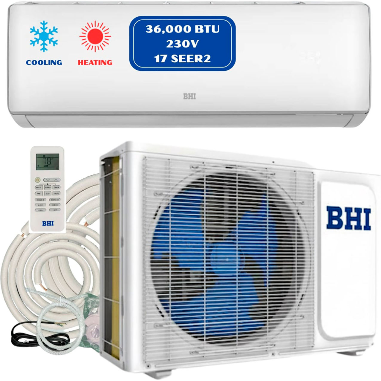 Ductless Mini Split AC with Heat Pump, 36000 BTU, 17 SEER2, 230V, 25' Lineset, White
