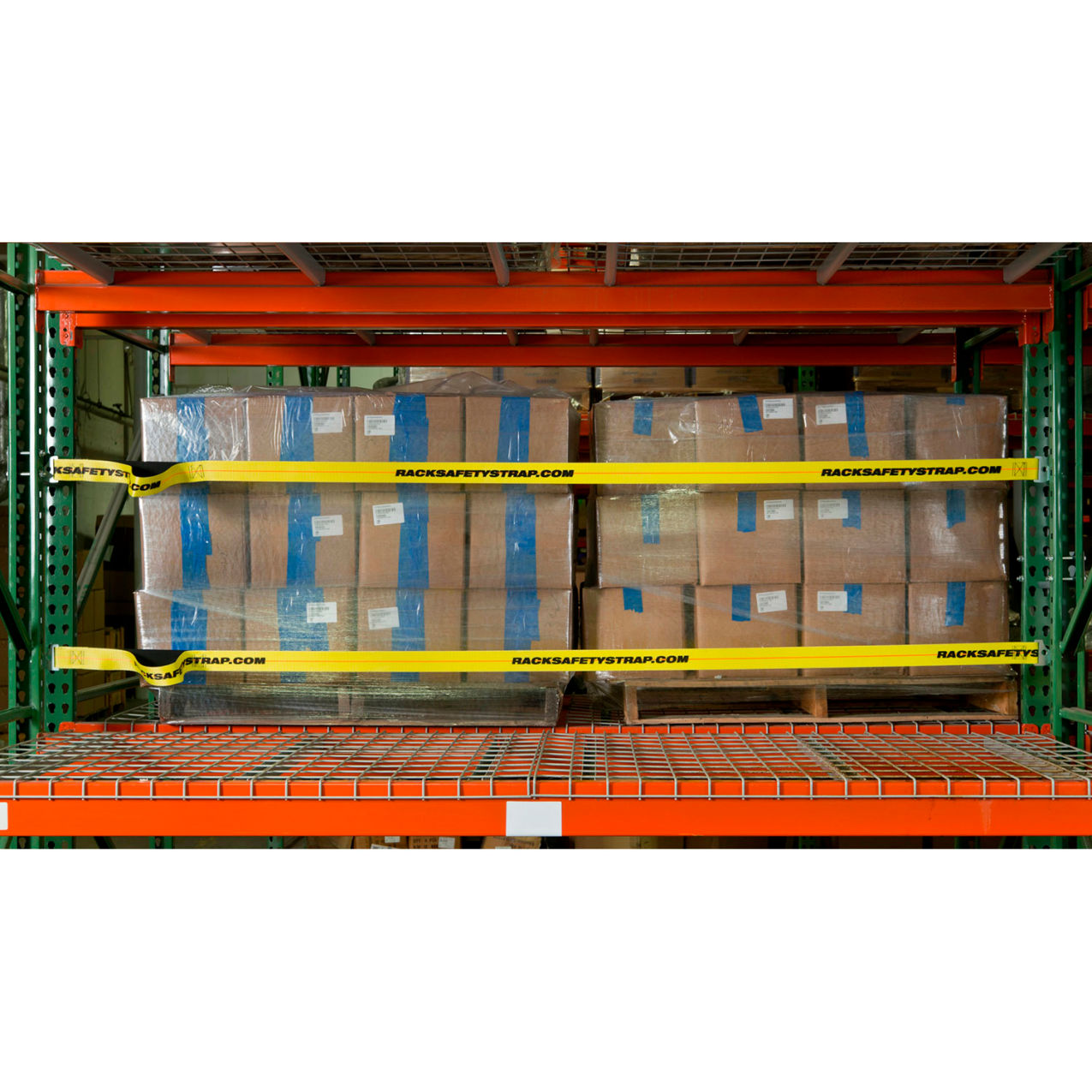 Pallet Rack Safety Strap For 156" Bay, Standard Attachment, Yellow