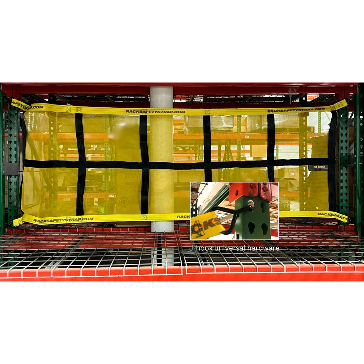 Fixed Pallet Rack Safety Netting For 120" Bay, J Hook Attachment, Yellow