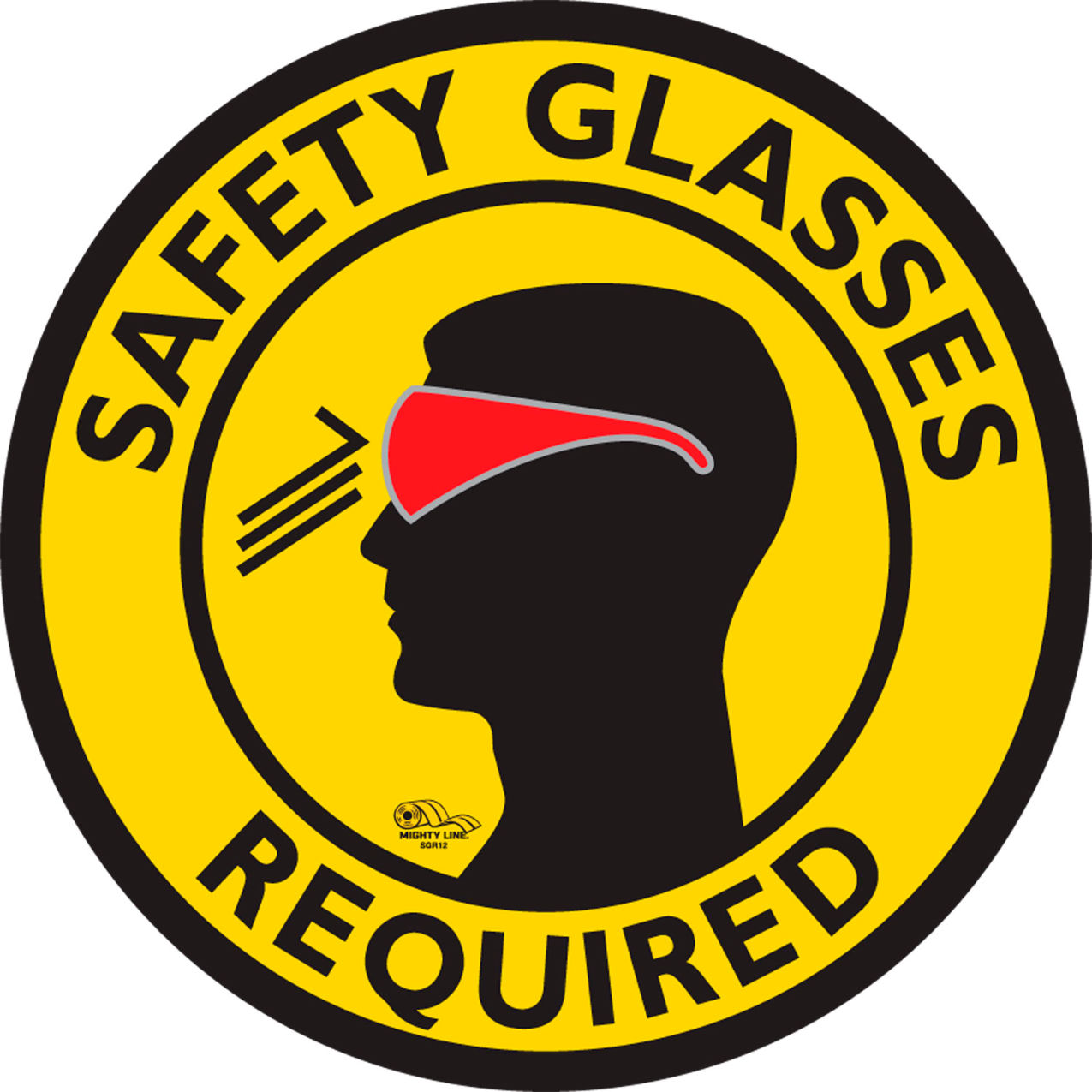 12" Round Floor Marking Sign, Safety Glasses Required, Yellow