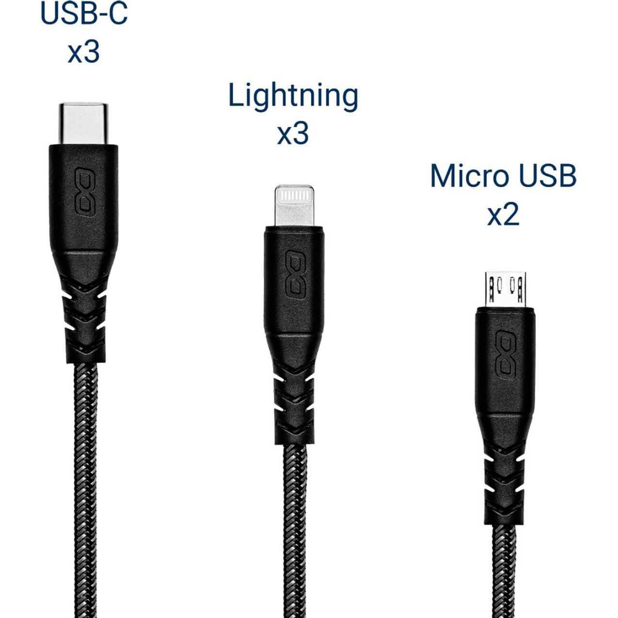 KwikBoost Cable Bundle, 3 Lightning, 2 Micro-USB, 3 USB-C
