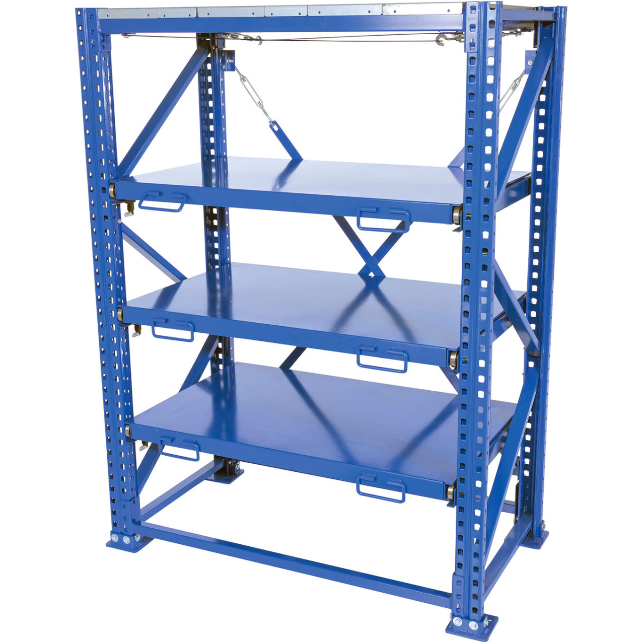4 Shelf, Heavy Duty Roll Out Shelving, Steel Deck, Starter, 60"W x 32"D x 80"H, Blue