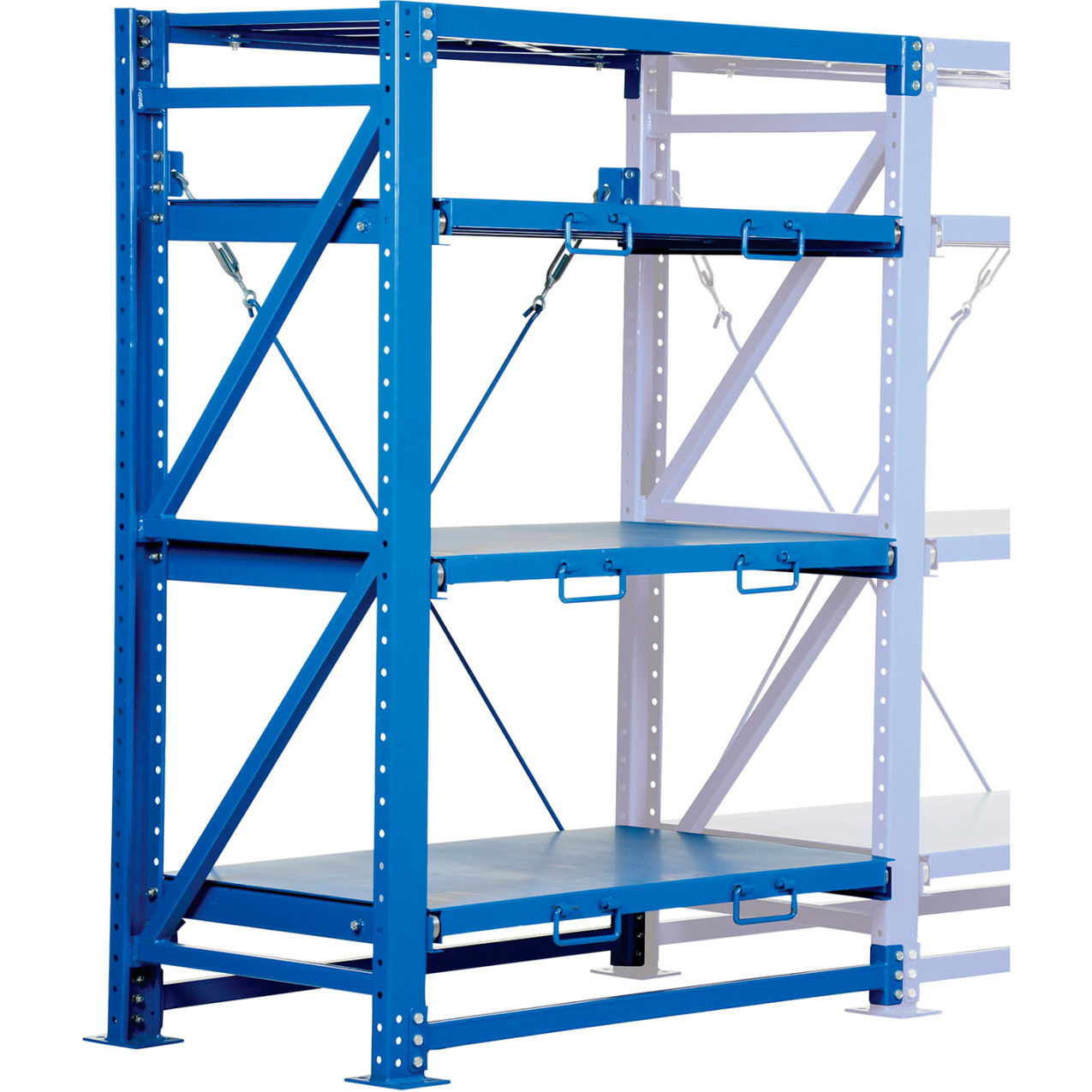 4 Shelf, Heavy Duty Roll Out Shelving, Steel Deck, Add On, 57"W x 32"D x 80"H, Blue