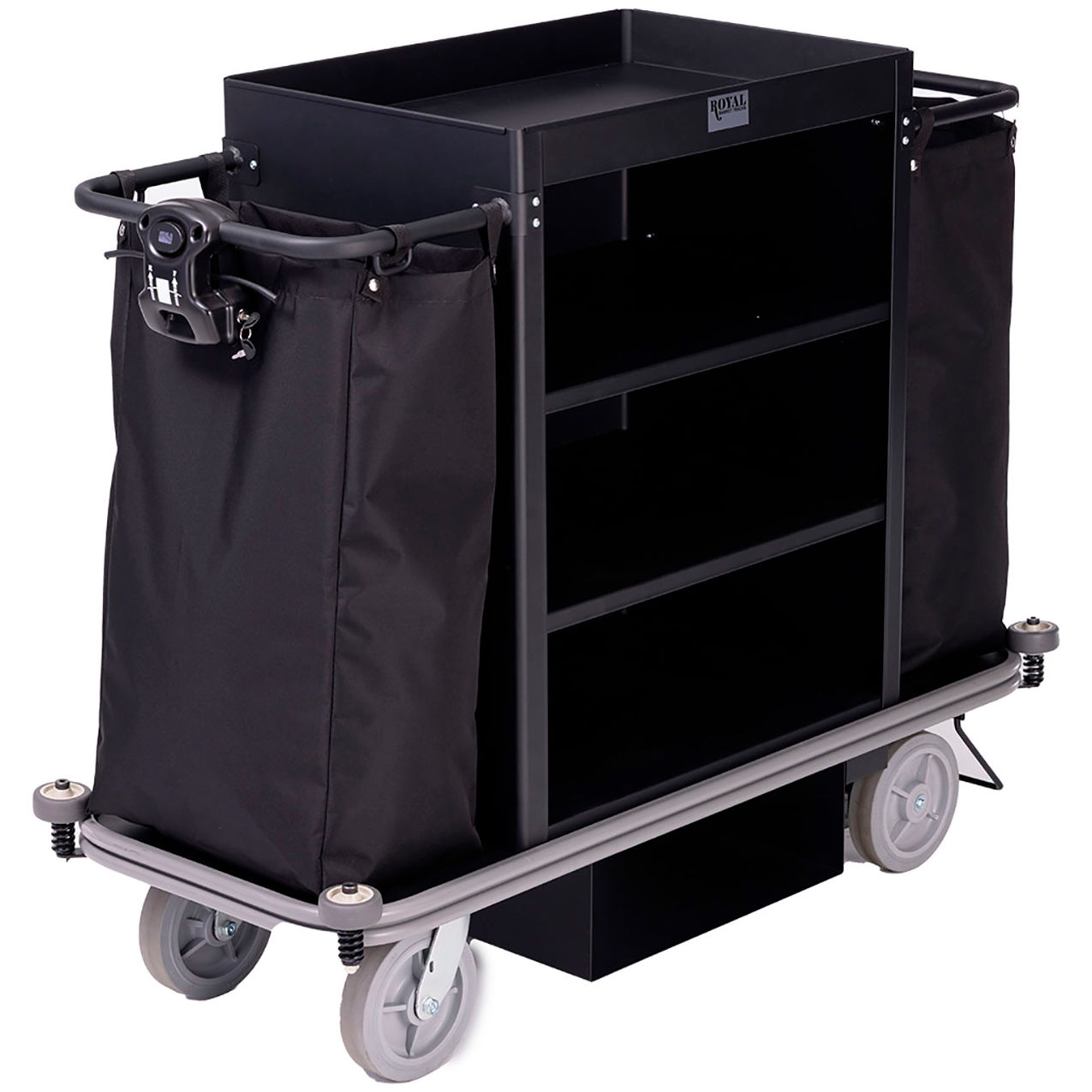 Motorized Deluxe Housekeeping Cart, 3 Shelf/2 Bags, Black