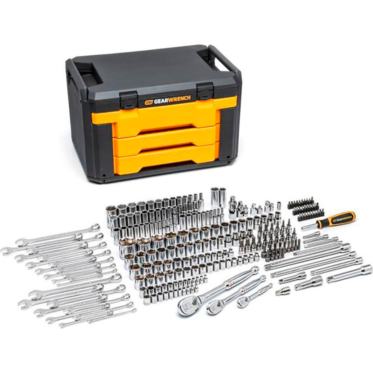 243 Piece 6 Point Mechanics Tool Box Set, 19"W x 13"D x 12"H, Black/Orange