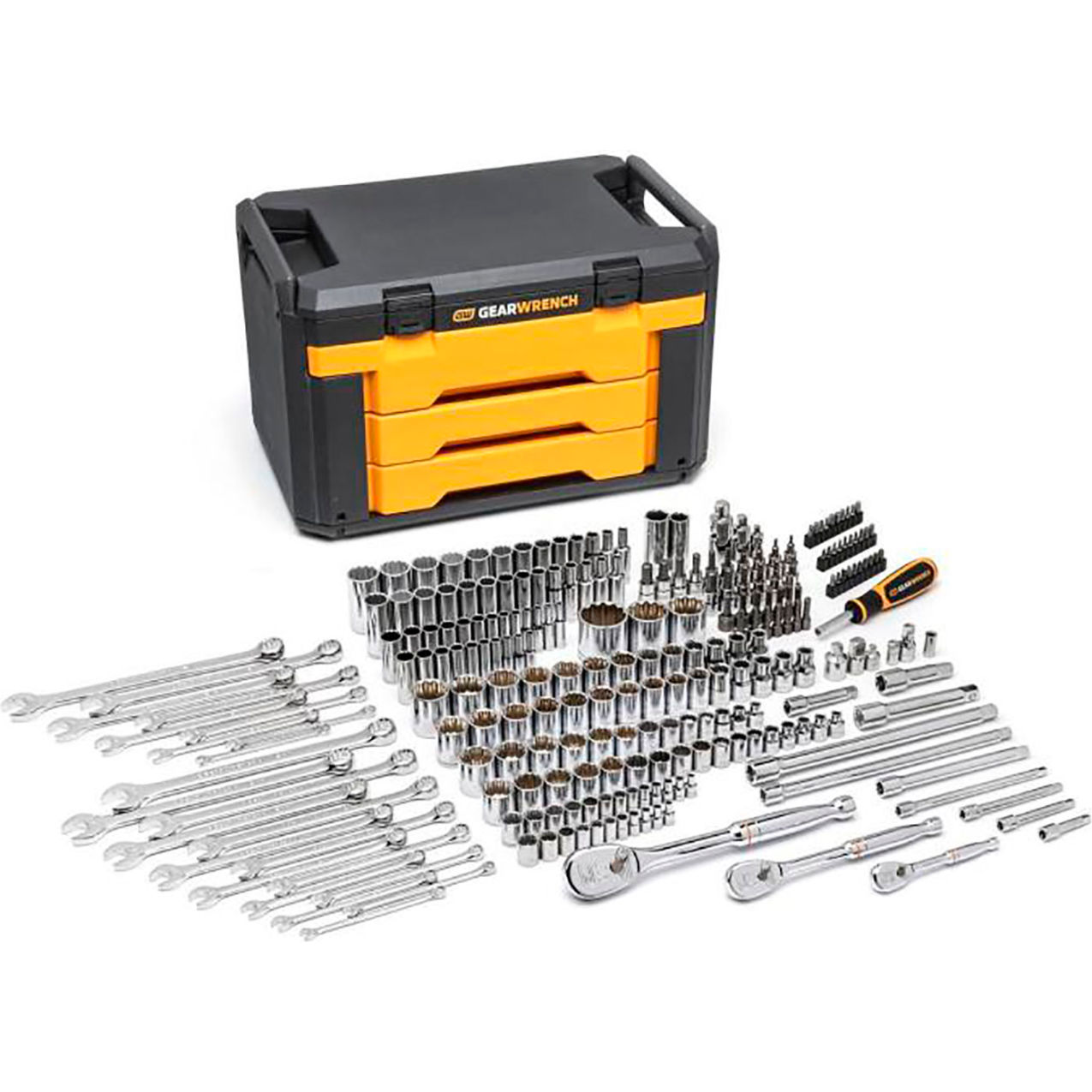 243 Piece 12 Point Mechanics Tool Box Set, 19"W x 13"D x 12"H, Black/Orange