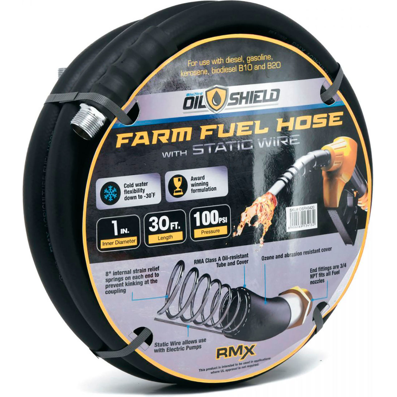Rubber Farm Fuel Transfer Hose with Static Wire, 1" ID x 30'L