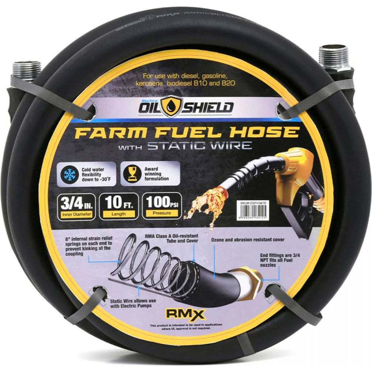 Rubber Farm Fuel Transfer Hose with Static Wire, 3/4" ID x 10'L