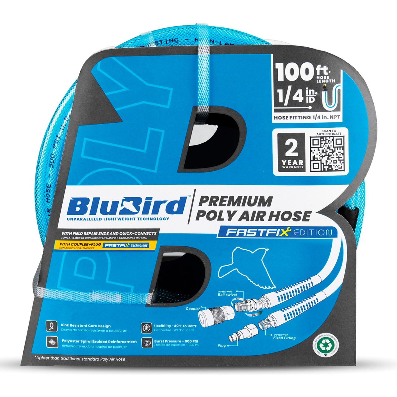 Poly Air Hose Assembly, 1/4" ID x 100'L