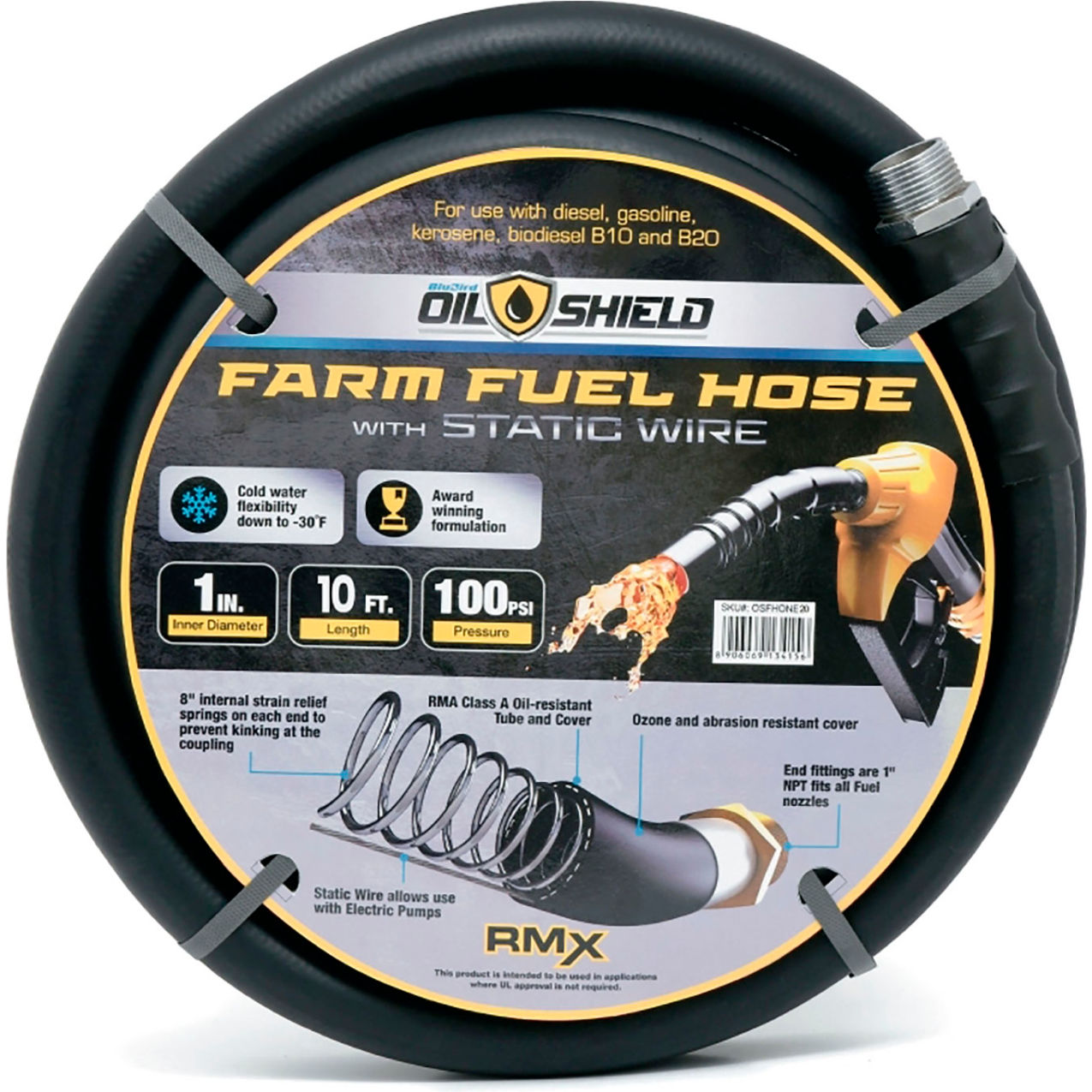 Rubber Farm Fuel Transfer Hose with Static Wire, 1" ID x 10'L