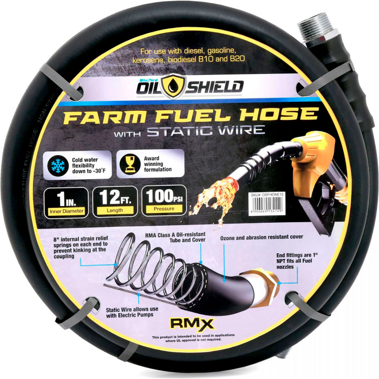 Rubber Farm Fuel Transfer Hose with Static Wire, 1" ID x 12'L