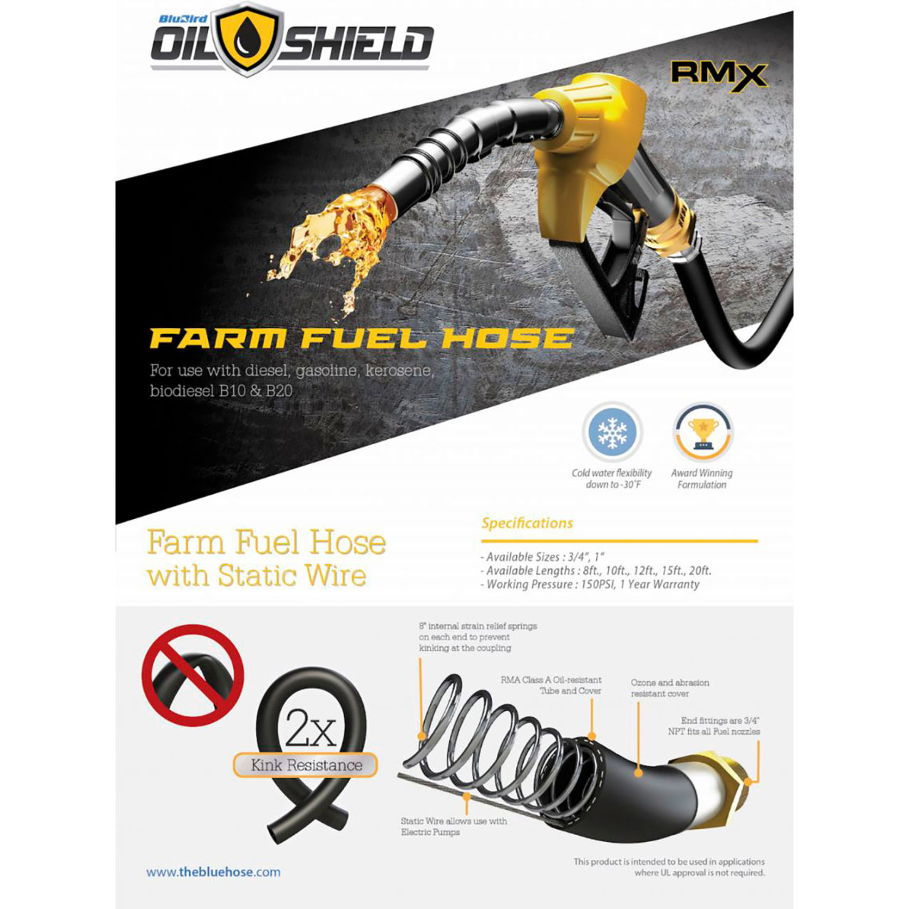 Rubber Farm Fuel Transfer Hose with Static Wire, 3/4" ID x 20'L