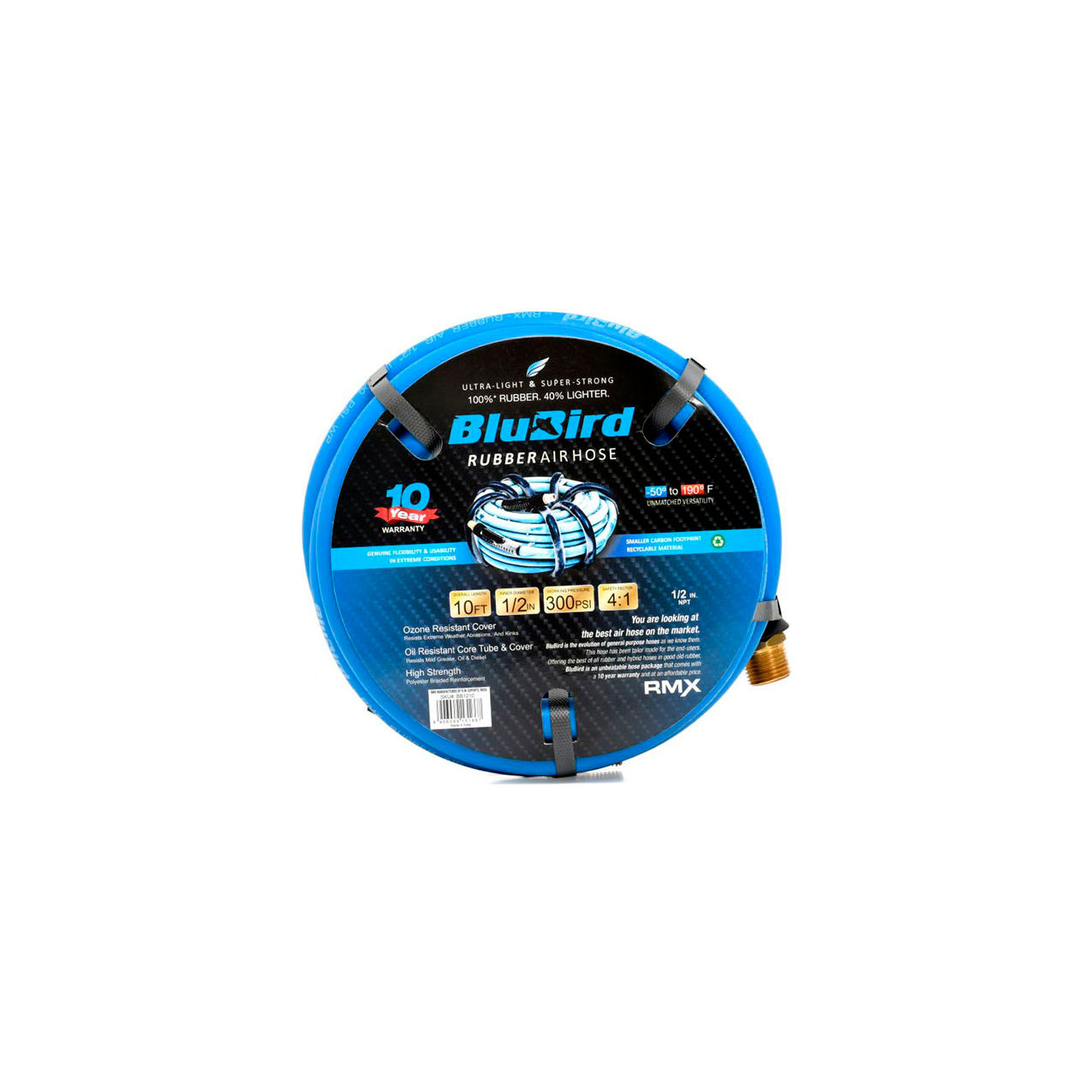 Rubber Air Hose Assembly, 1/2" ID x 10'L