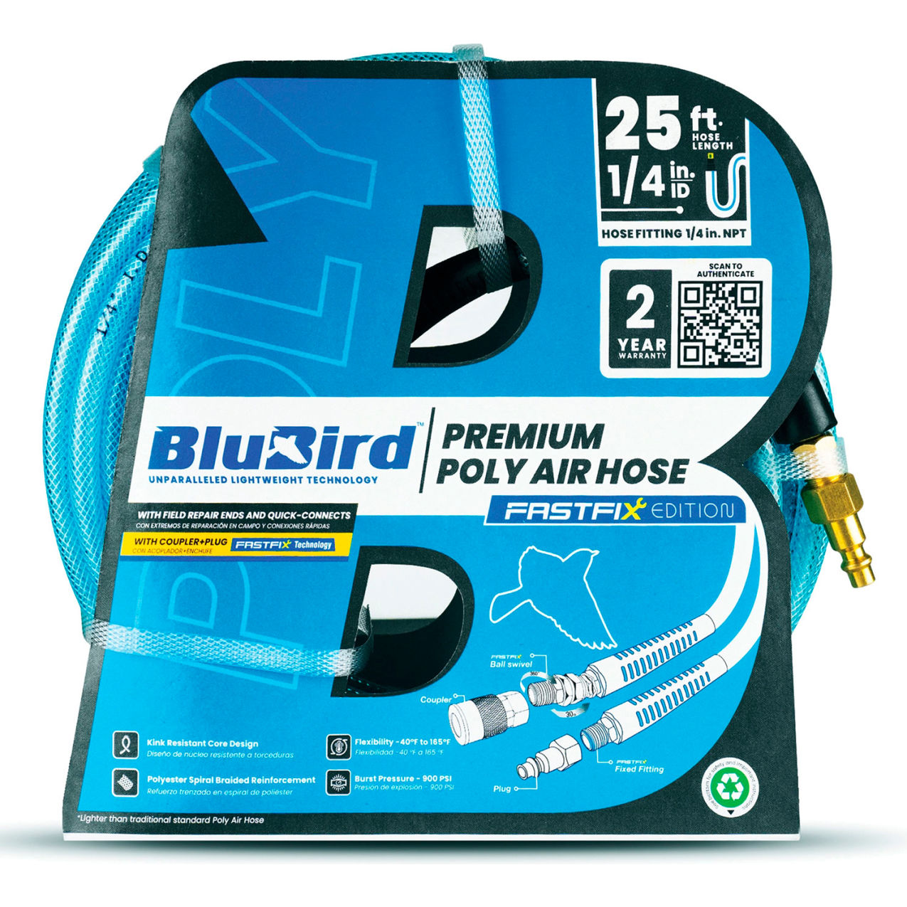 Poly Air Hose Assembly, 1/4" ID x 25'L