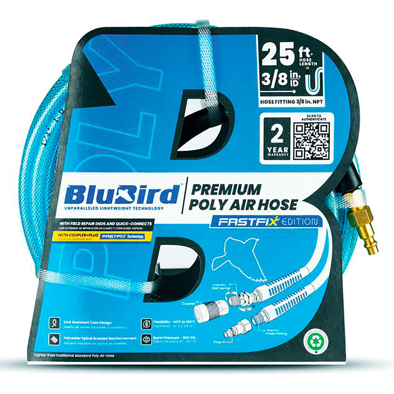 Poly Air Hose Assembly, 3/8" ID x 25'L
