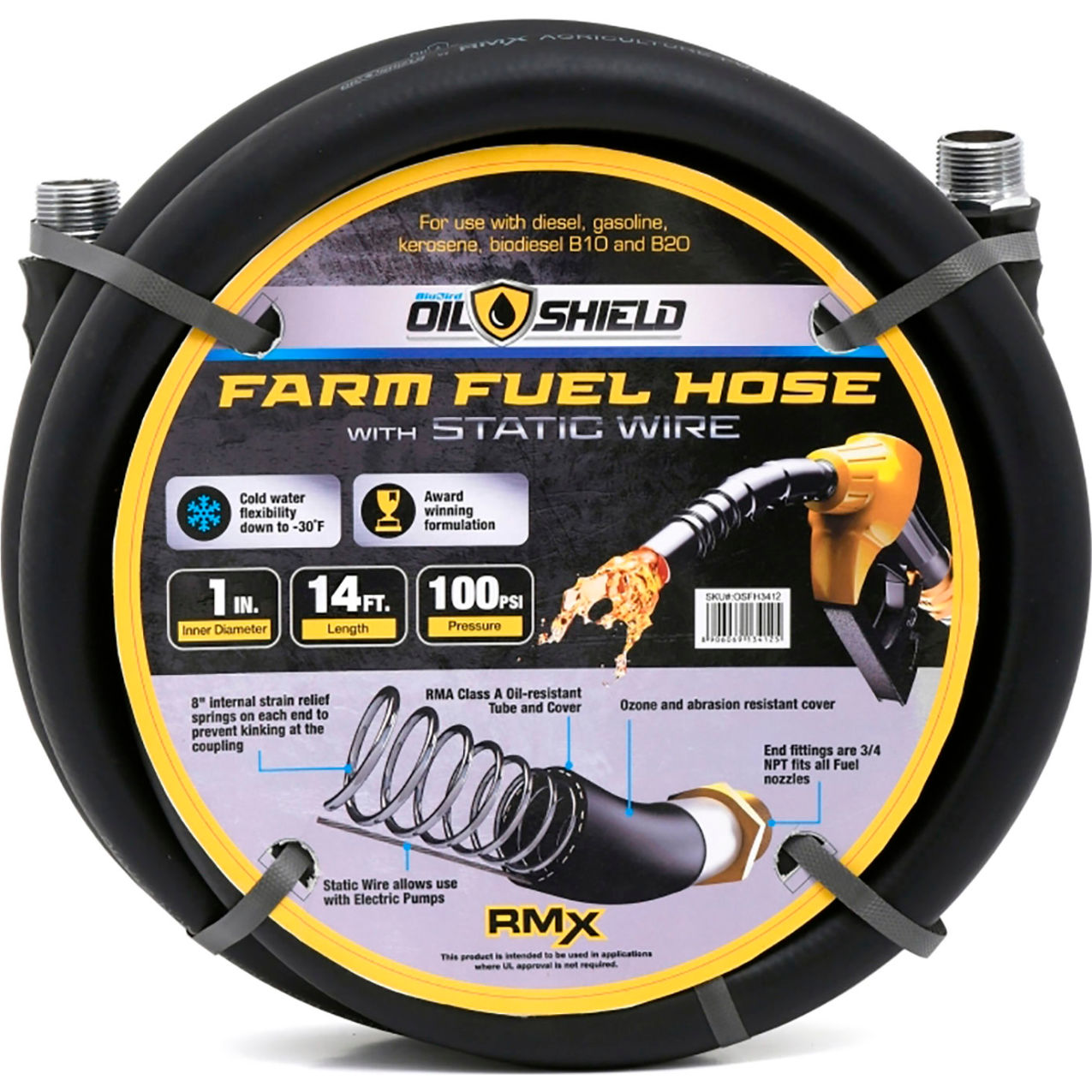 Rubber Farm Fuel Transfer Hose with Static Wire, 1" ID x 14'L