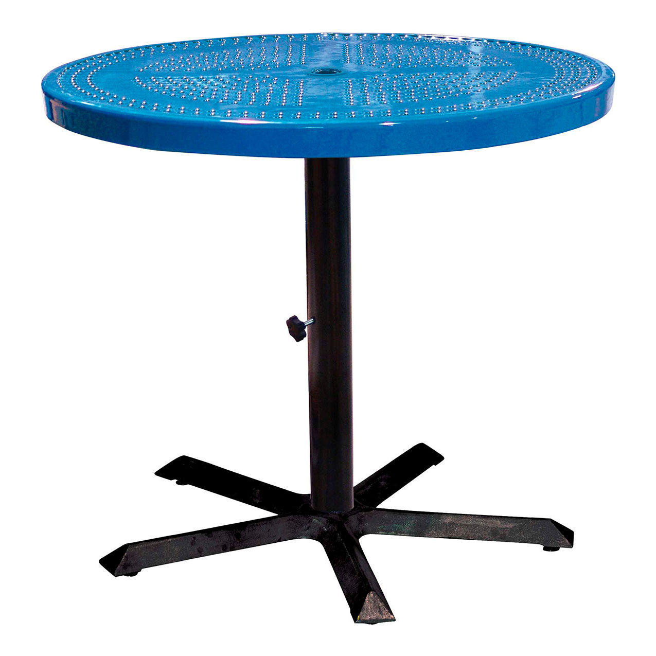 36" Round Pedestal Table, Perforated Metal, Portable, 30"H, Blue