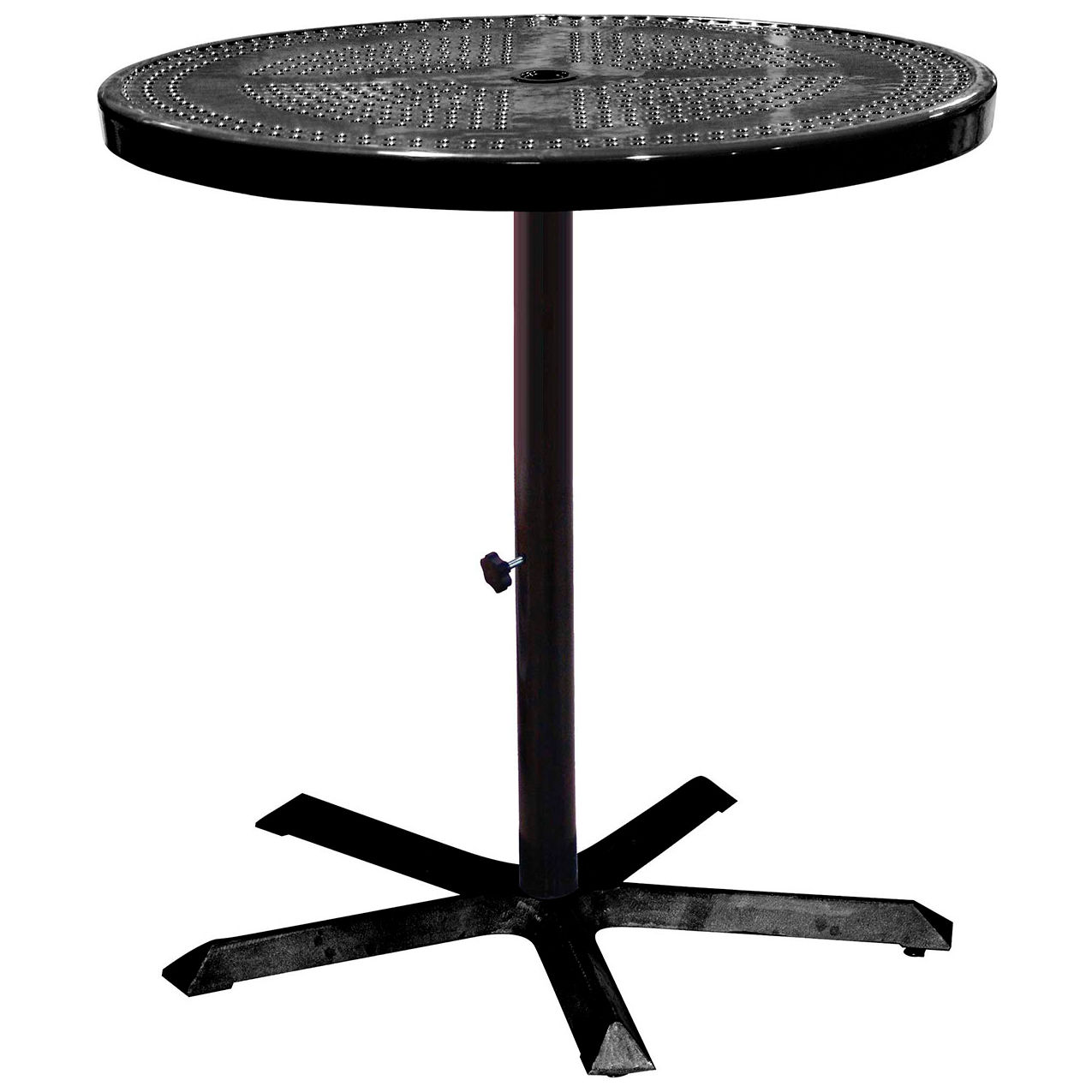 36" Round Bar Height Pedestal Table, Perforated Metal, Portable, 40"H, Black