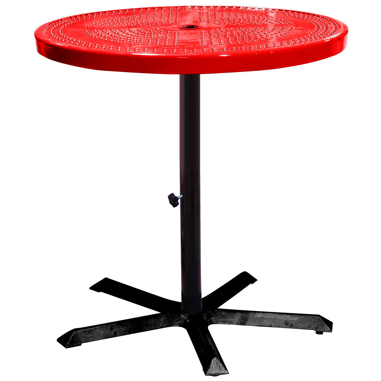 36" Round Bar Height Pedestal Table, Perforated Metal, Portable, 40"H, Red