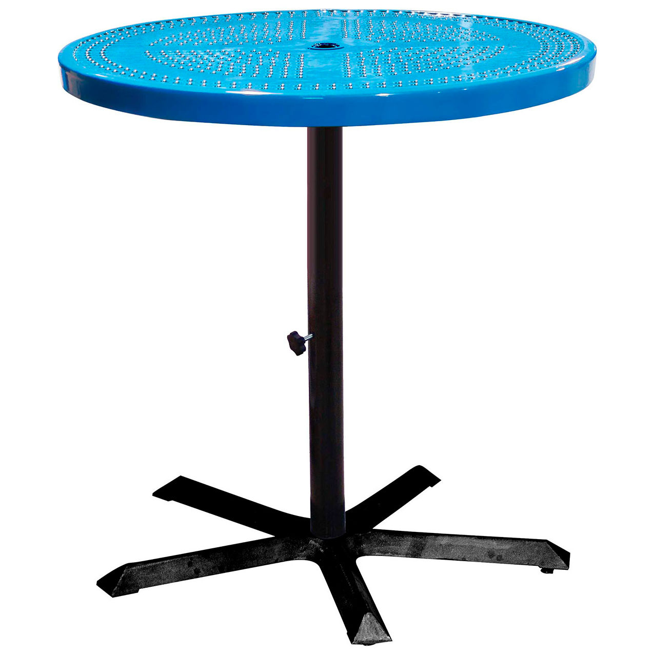 36" Round Bar Height Pedestal Table, Perforated Metal, Portable, 40"H, Blue