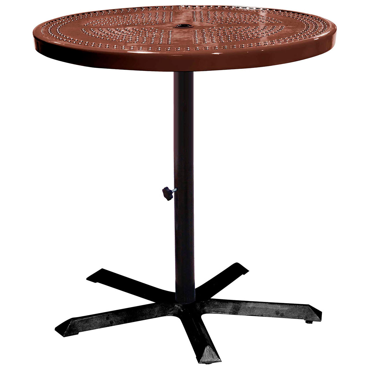 36" Round Bar Height Pedestal Table, Perforated Metal, Portable, 40"H, Brown