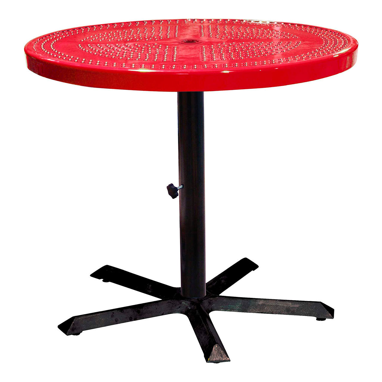 36" Round Pedestal Table, Perforated Metal, Portable, 30"H, Red