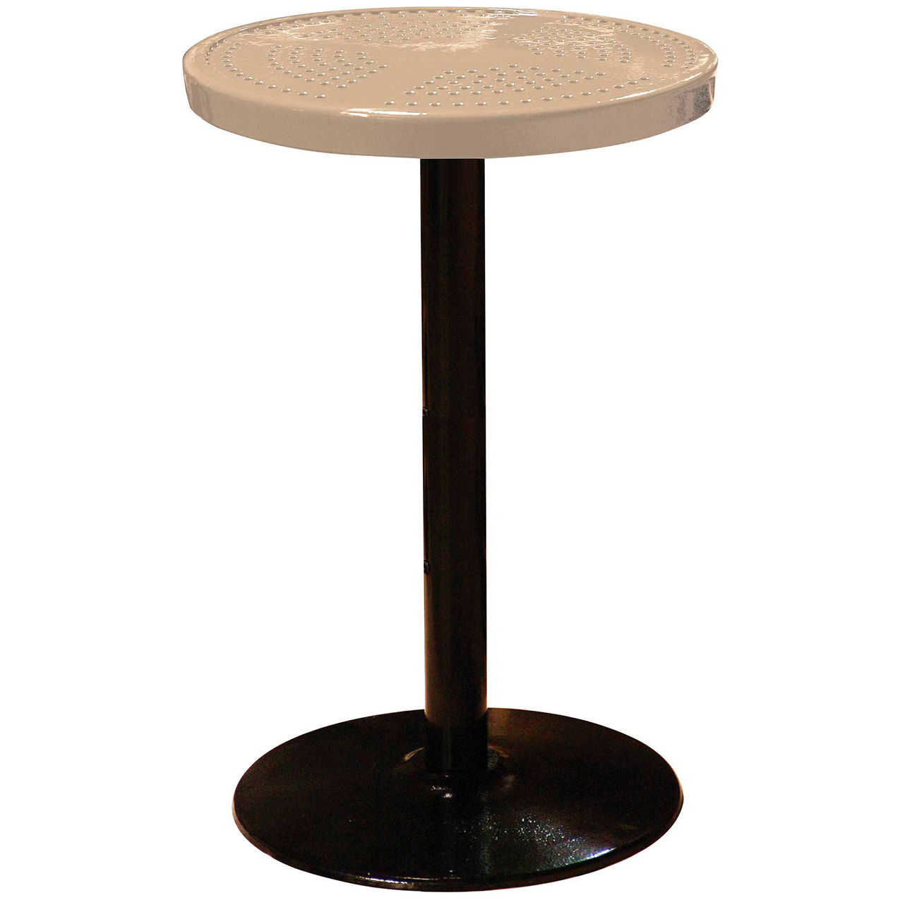 24" Round Bar Height Pedestal Table, Perforated Metal, Portable, 40"H, Beige