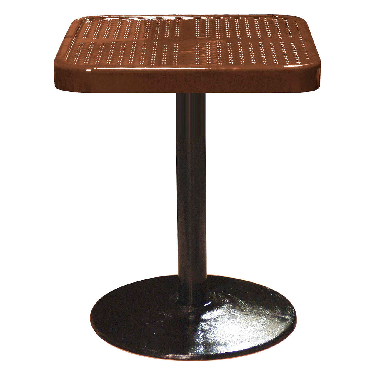 24" Square Pedestal Table, Perforated Metal Portable, 30"H, Brown