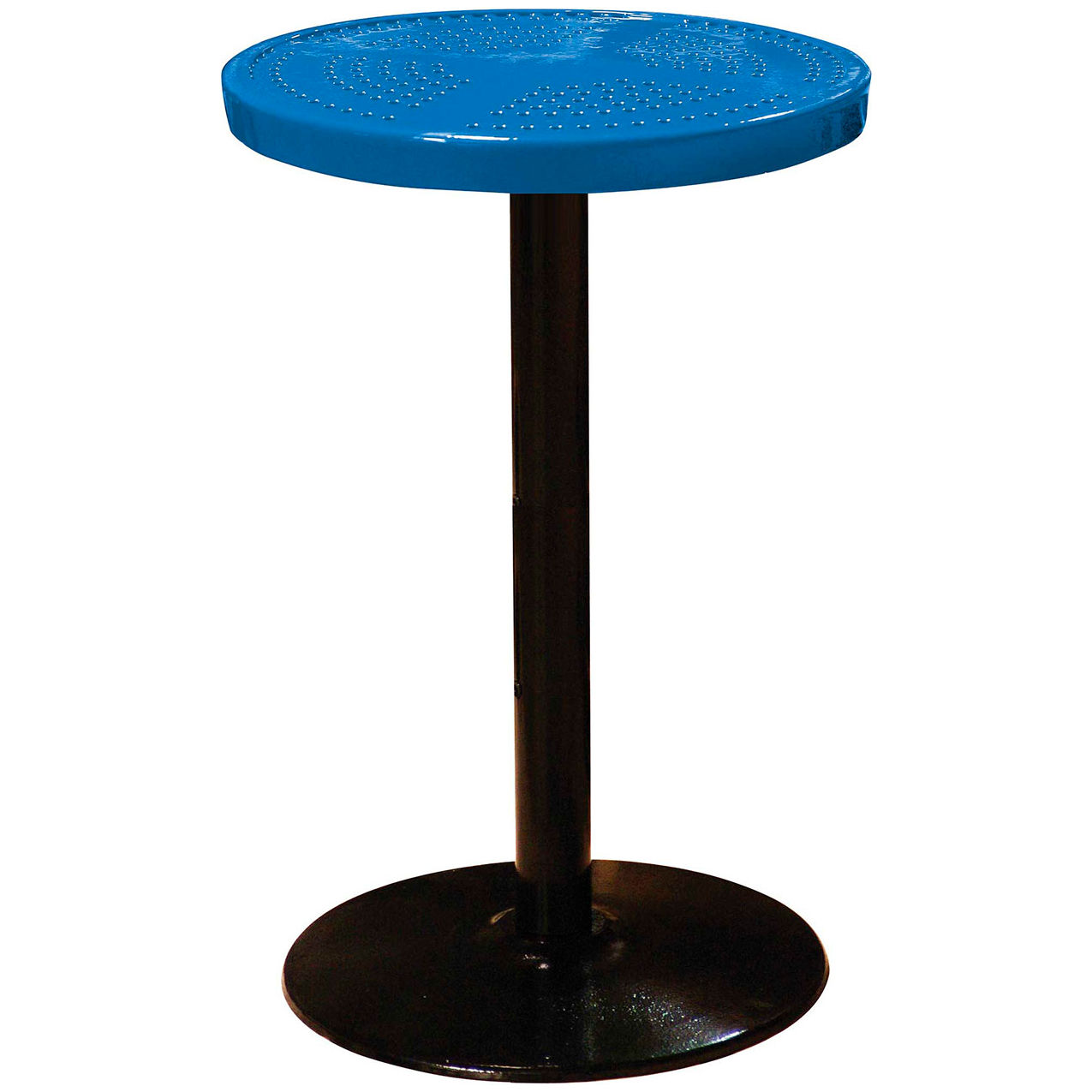 24" Round Bar Height Pedestal Table, Perforated Metal, Portable, 40"H, Blue