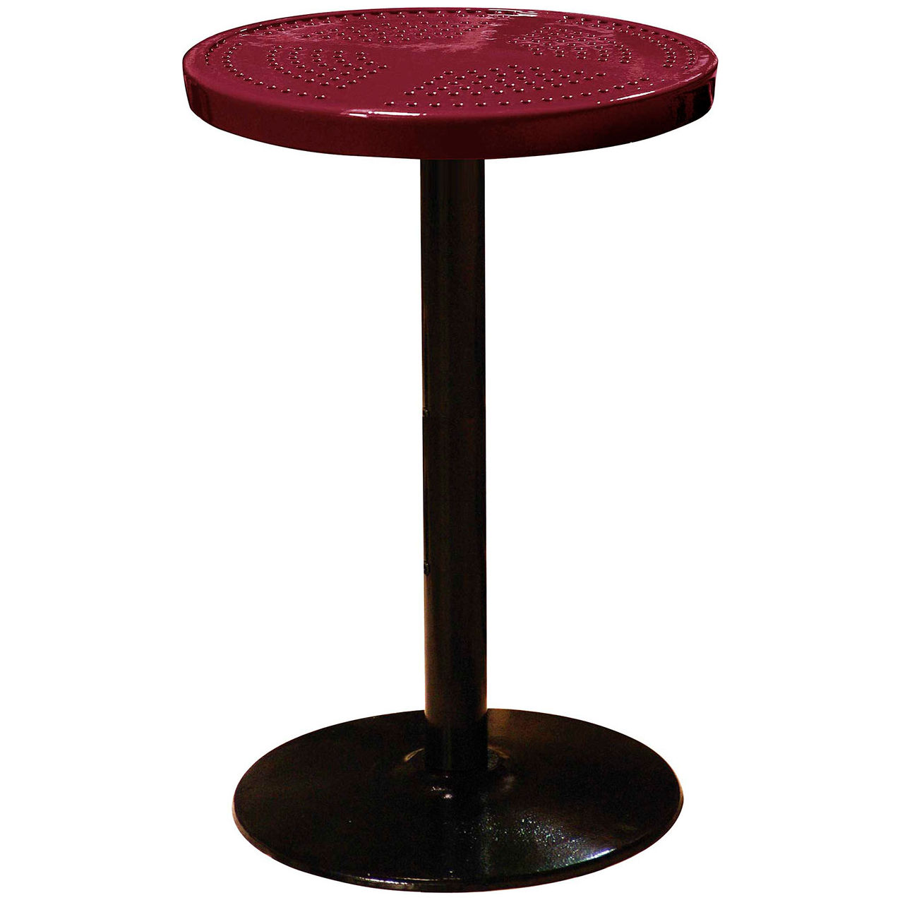 24" Round Bar Height Pedestal Table, Perforated Metal, Portable, 40"H, Burgundy