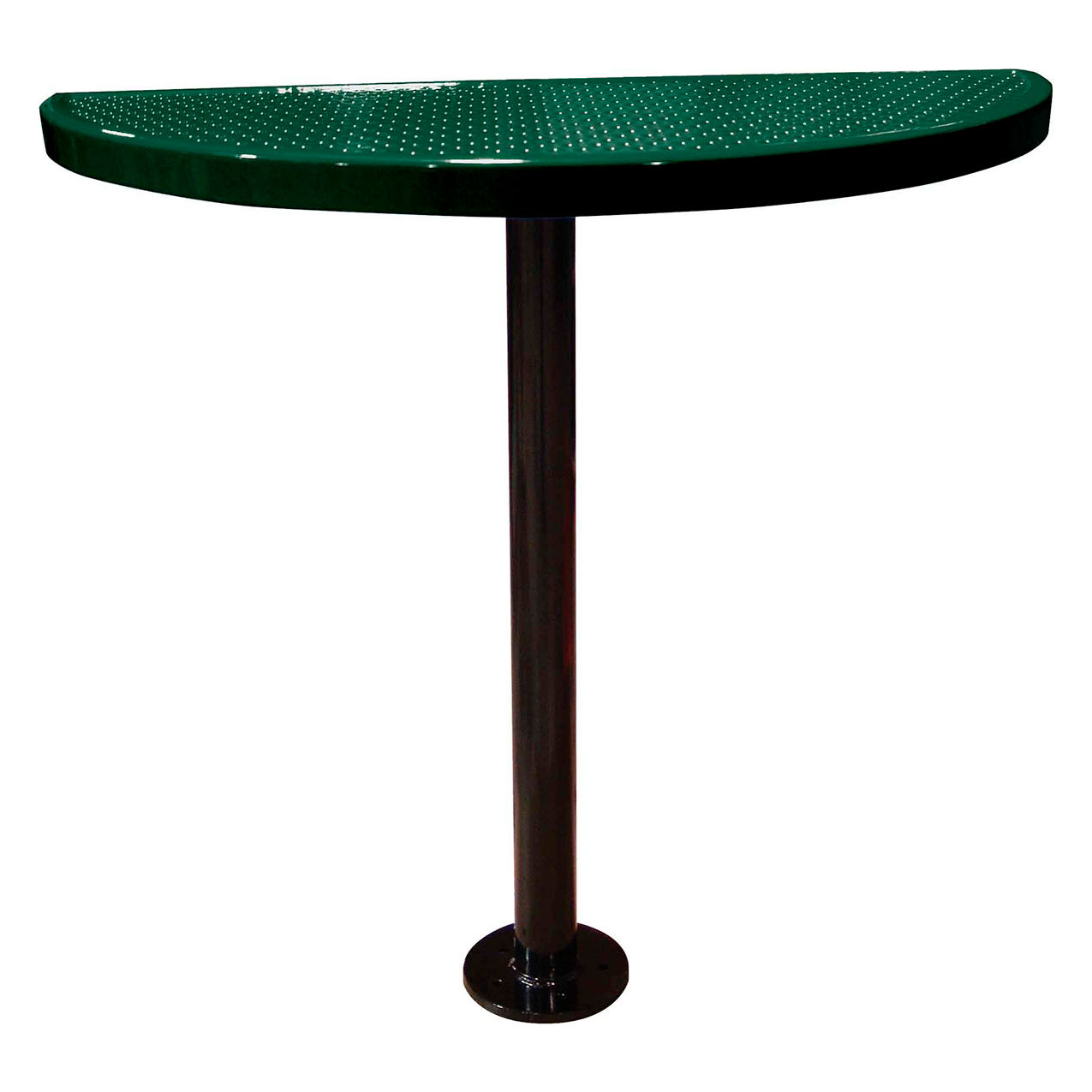 Bar Height Semi-Circle Cafe Pedestal Table, Perf Metal, Portable, 40"H, Black Green