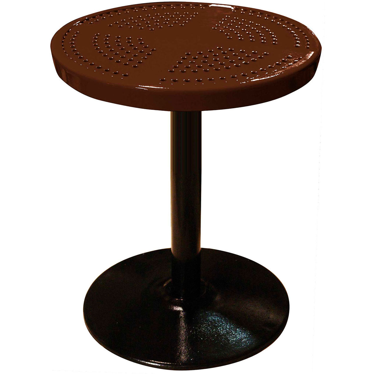 24" Round Pedestal Table, Perforated Metal, Portable, 30"H, Brown