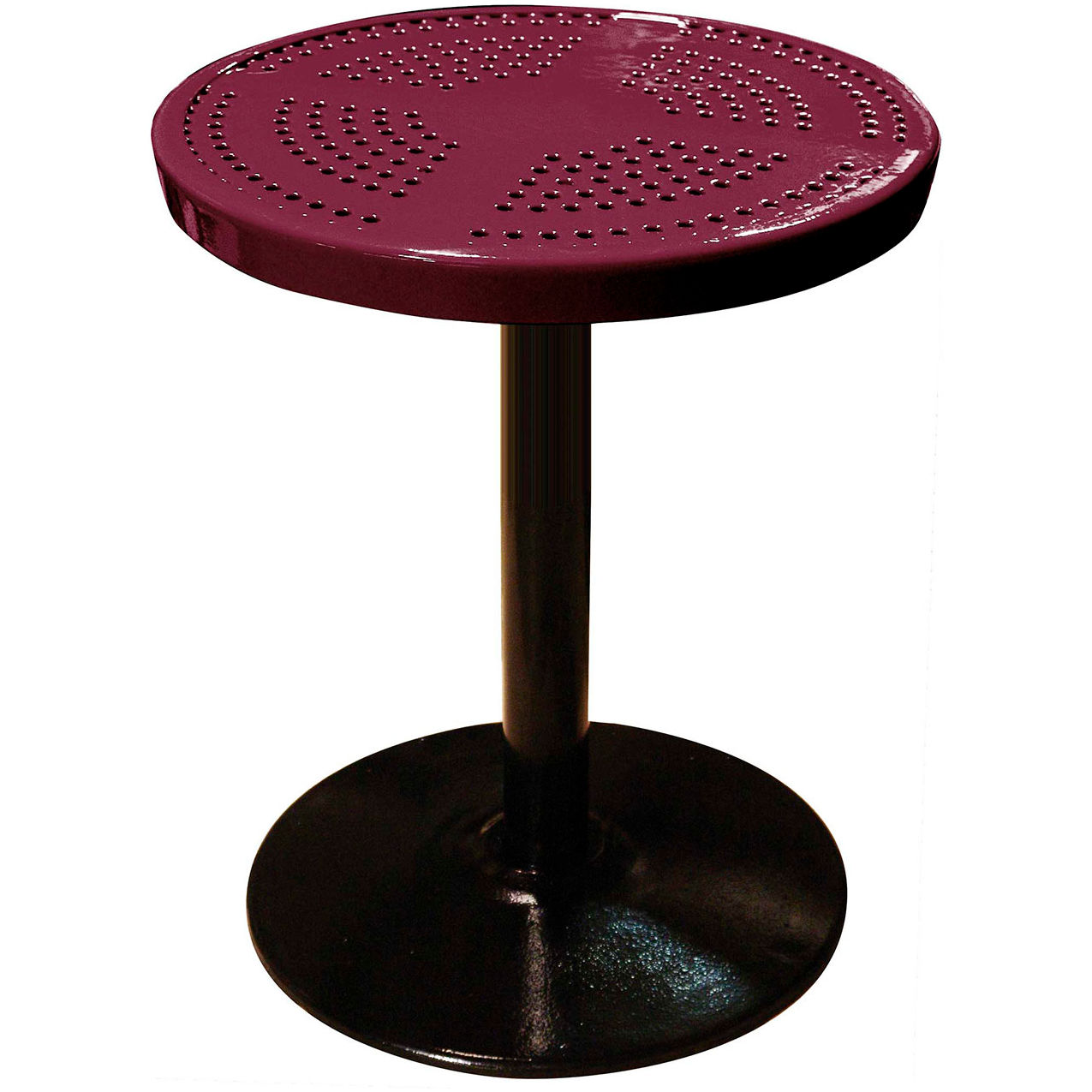 24" Round Pedestal Table, Perforated Metal, Portable, 30"H, Burgundy