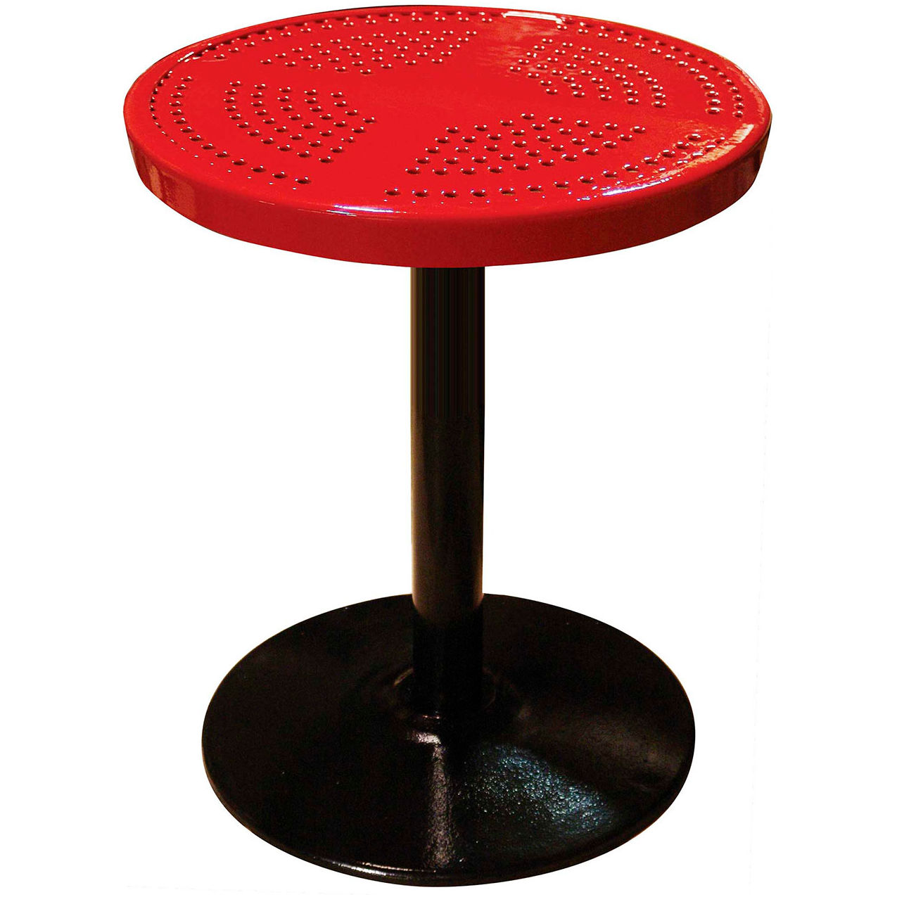 24" Round Pedestal Table, Perforated Metal, Portable, 30"H, Red