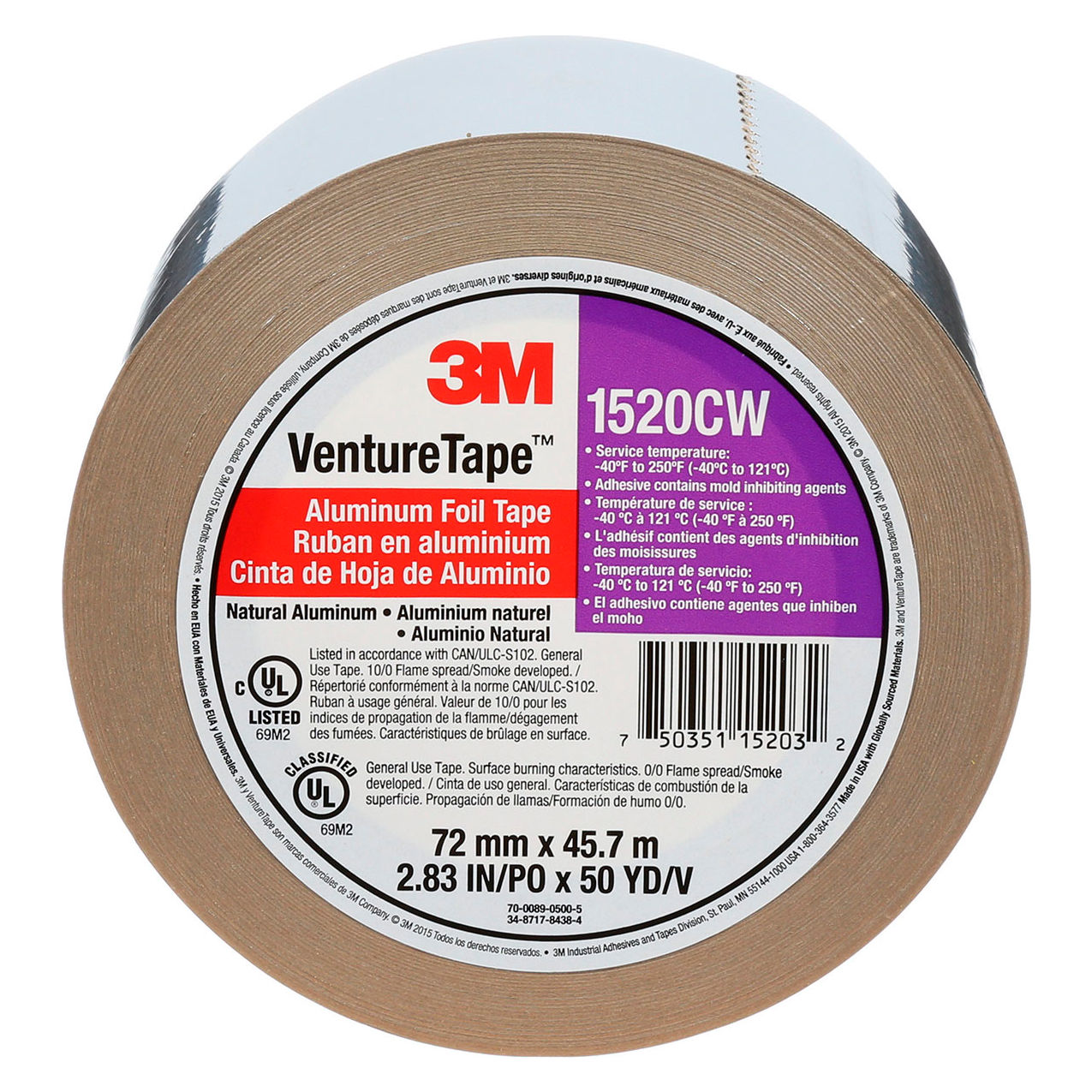 Venture Tape 1520CW Aluminum Foil Tape, 3" x 50 Yds., 3.2 Mil, Silver