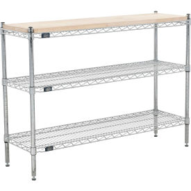 3 Shelf Chrome Wire Shelving Unit, Hardwood Top, Starter, 24"W x 24"D x 34"H
