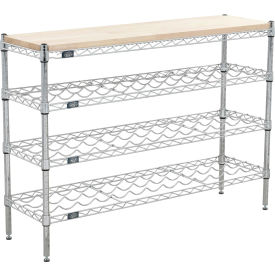 4 Shelf Chrome Wine Shelving Unit, Hardwood Top, Starter, 36"W x 14"D x 34"H