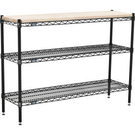3 Shelf, Black Epoxy Wire Shelving Unit, Hardwood Top, Starter, 60"W x 24"D x 34"H