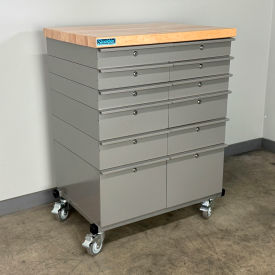 Mobile Drawer Unit #1, Solid Flat Front, 1-3/4" Maple Top, 32"W x 24"D, Gray