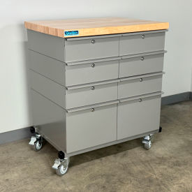 Mobile Drawer Unit #3, Solid Flat Front, 1-3/4" Maple Top, 32"W x 24"D, Gray