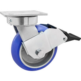 6" Hd Flange Mount Caster, Swivel W/Brake, Blue Poly Wheel, 1500 Capacity