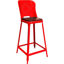 1901 24" High Metal Counter Stool with Back & Wood Seat, Roaring Red Powder Coat