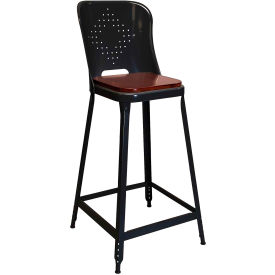 1901 24" High Metal Counter Stool with Back & Wood Seat, Vulcan Black Powder Coat