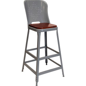 1901 30" High Metal Bar Stool with Back & Wood Seat, Dove Gray Powder Coat