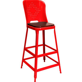 1901 30" High Metal Bar Stool with Back & Wood Seat, Roaring Red Powder Coat